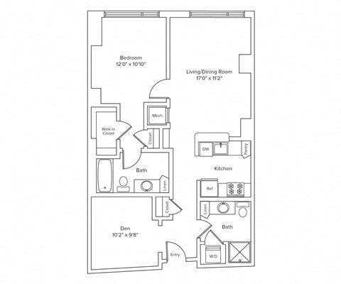 Floor plan for 1 bed, 2 baths, 845 sqft